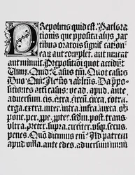 Faksimile einer Seite der Xylographie oder Holzschnitt über die Präposition, aus einem Grammatikbuch, gedruckt von Johann Fust und Johannes Gutenberg, Mainz, ca. 1450